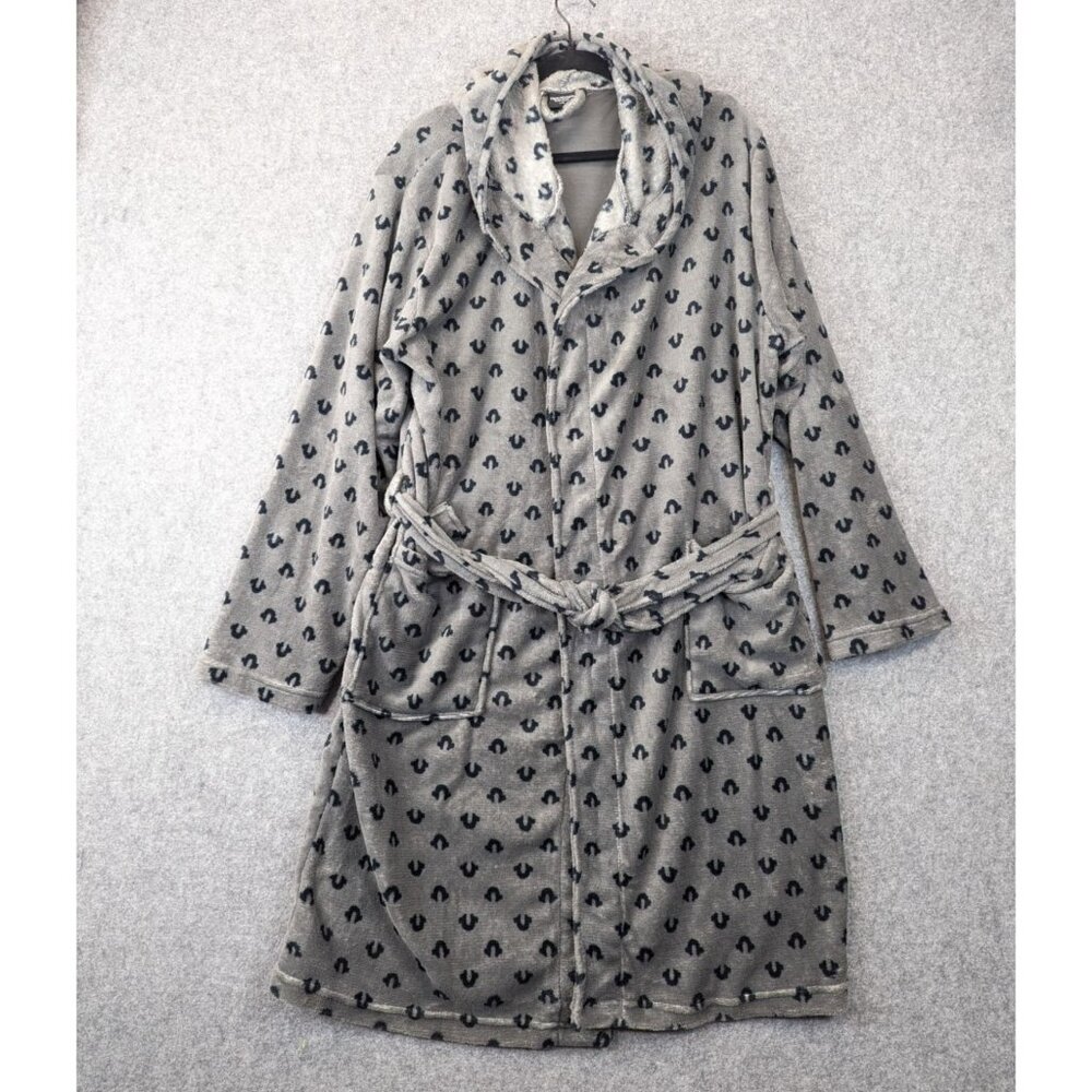 True Religion Mens L Plush Sleepwear Robe Hooded Bathrobe Gray Horseshoe Print